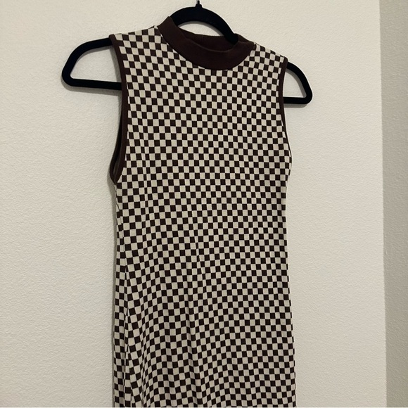 ZARA Brown White Checkered Mock Neck Midi Dress Sleeveless Size Small Women’s - Picture 3 of 8